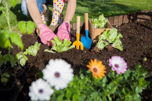 Gardener performing seasonal maintenance on a residential border planting