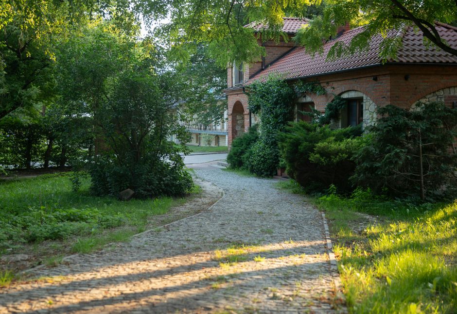 A winding cobblestone driveway leading to a red brick house with a tiled roof, partially obscured by lush greenery including mature trees, trimmed bushes, and climbing plants on the house walls. The d